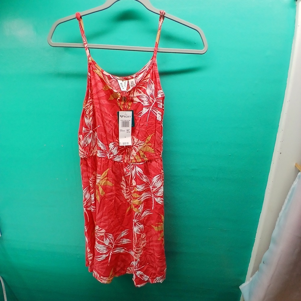 Roxy Everything Is Fine Dress Small Red Tropical Floral Button Front Sundress